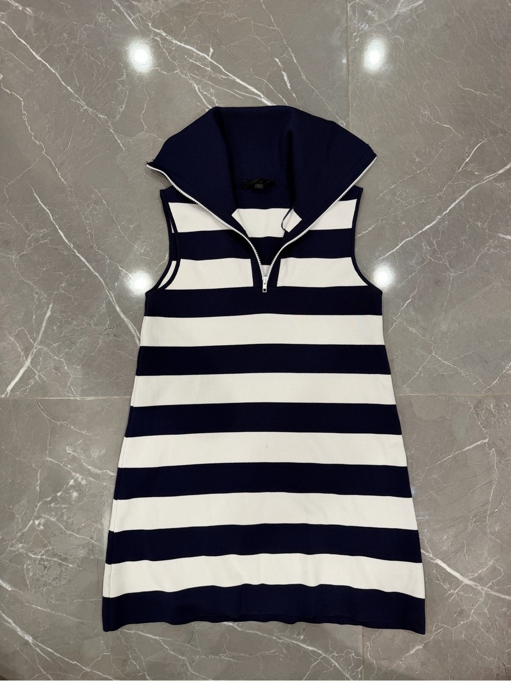Zara Navy and White Striped Sleeveless Dress with Zip Collar